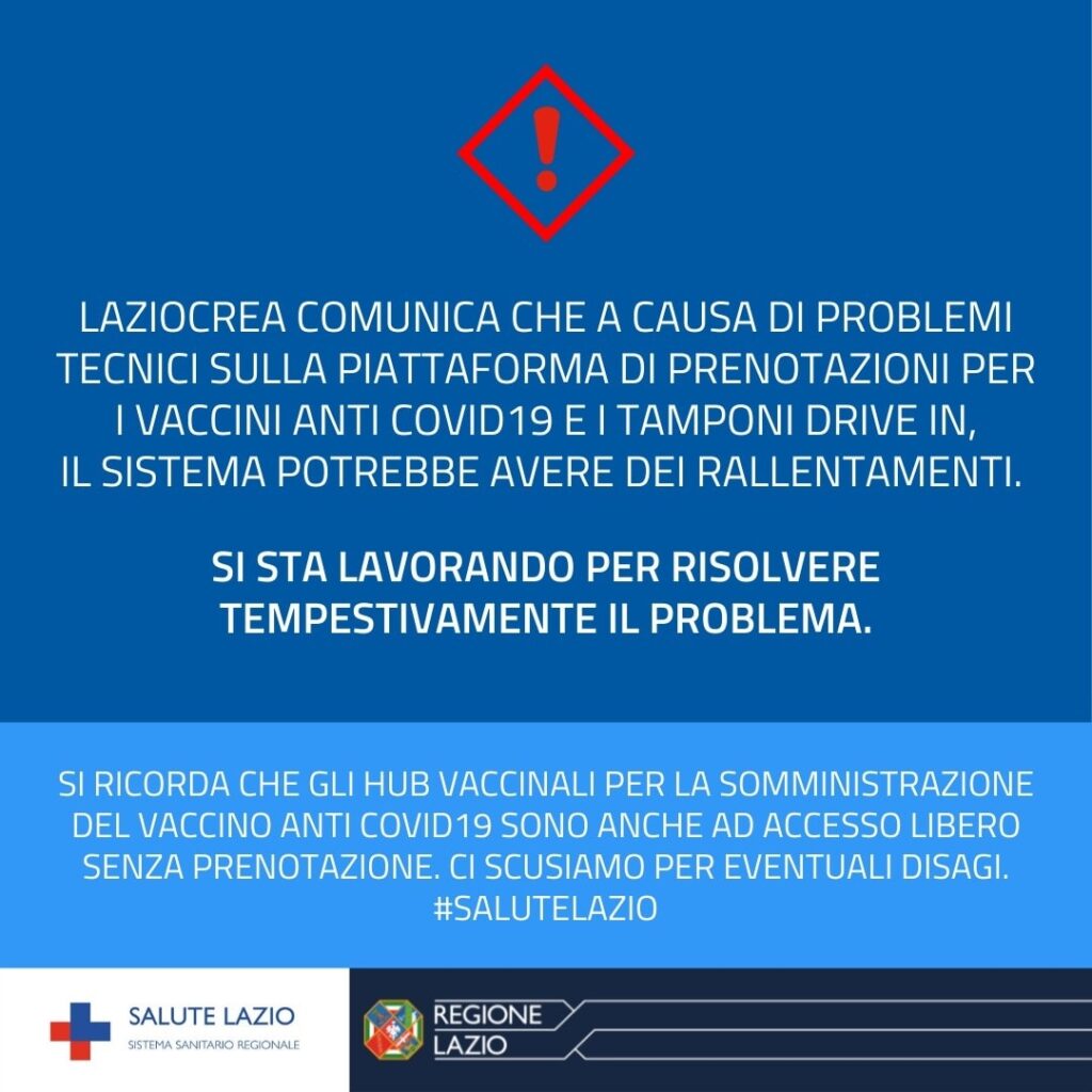 Prenotazioni vaccini e tamponi nel Lazio: problemi tecnici alla piattaforma 1
