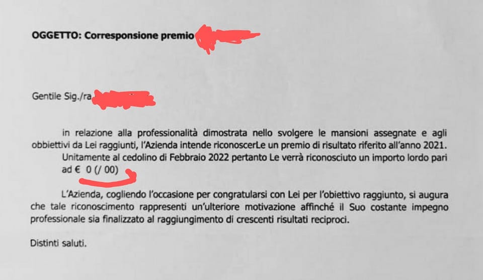 Lettera shock a un dipendente: "Complimenti, ha ricevuto un premio di zero euro" 1