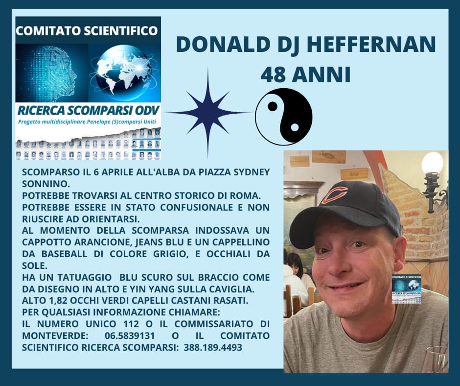 Roma, scompare un americano: ricerche in corso per Donald Dj Heffernan 1