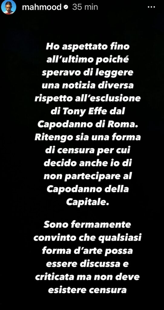 Concerto Capodanno Roma, Mahmood si sfila: "Solidarietà con Tony Effe, no alla censura" 1