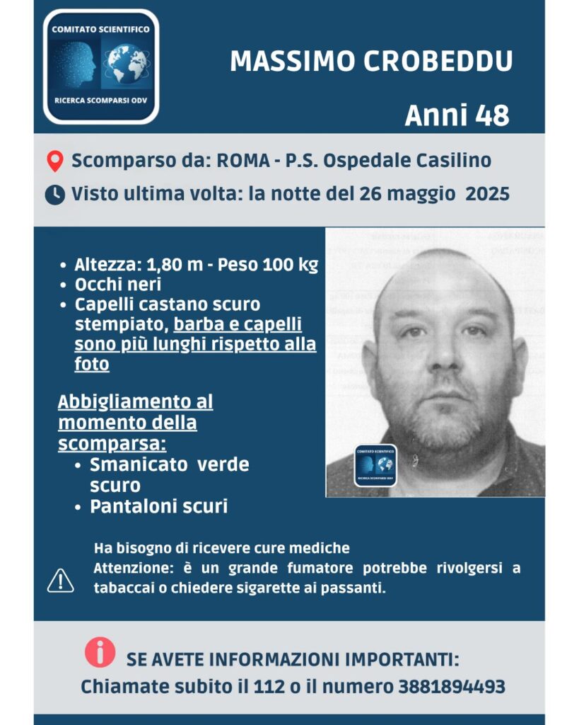 Roma, scompare due volte dal pronto soccorso: si cerca il 48enne Massimo Crobeddu. Ha bisogno di cure 1