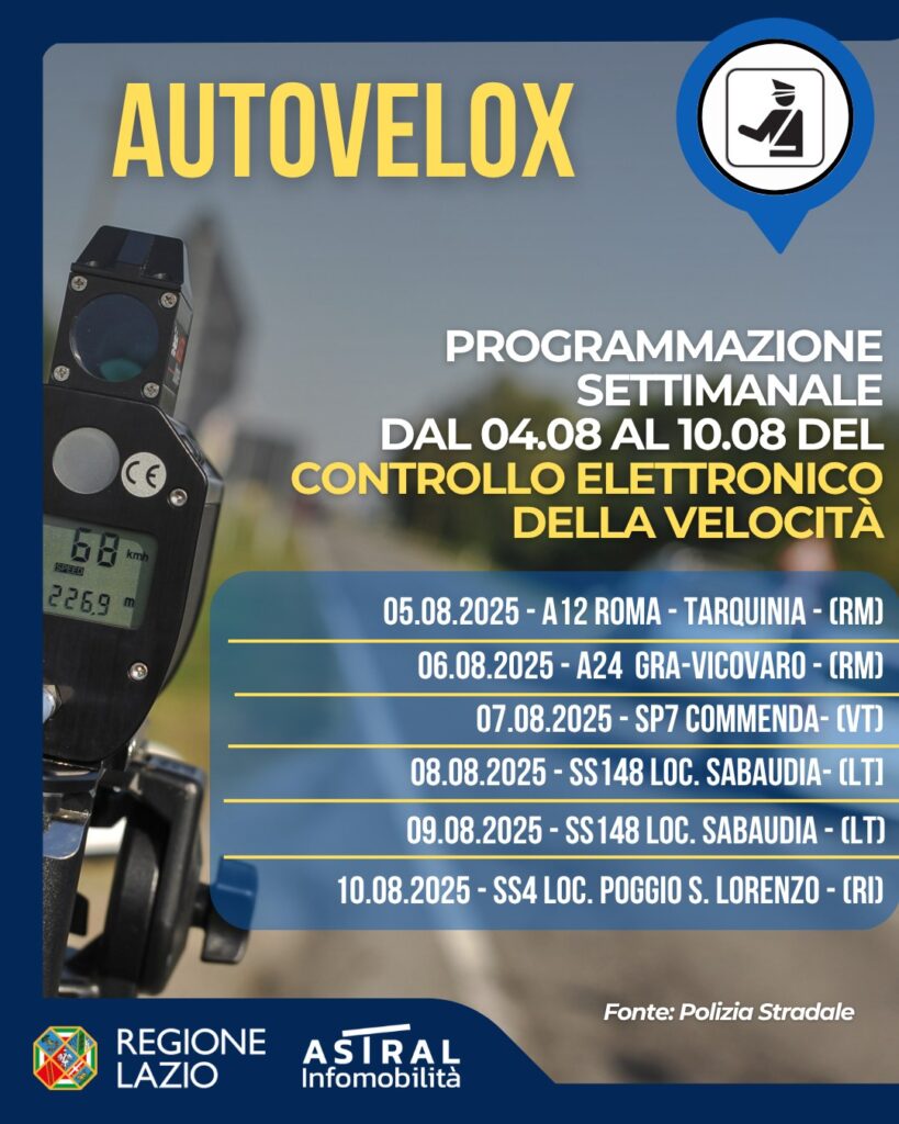 Autovelox e bollino nero: dove saranno posizionati nel Lazio dal 4 al 10 agosto 2025 1