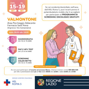 Screening oncologici gratuiti a Valmontone, l’Asl Roma 5 arriva con l’unità mobile: dove e quando 1 Screening oncologici gratuiti a Valmontone, l’Asl Roma 5 arriva con l’unità mobile: dove e quando 1