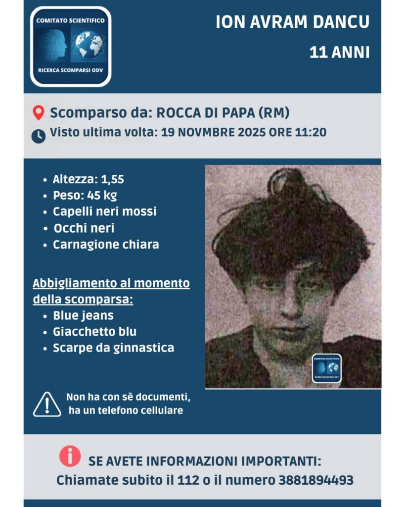 Bambino di 11 anni scompare a Roma: l'appello: “Aiutateci a ritrovarlo” 1 Bambino di 11 anni scompare a Roma: l'appello: “Aiutateci a ritrovarlo” 1