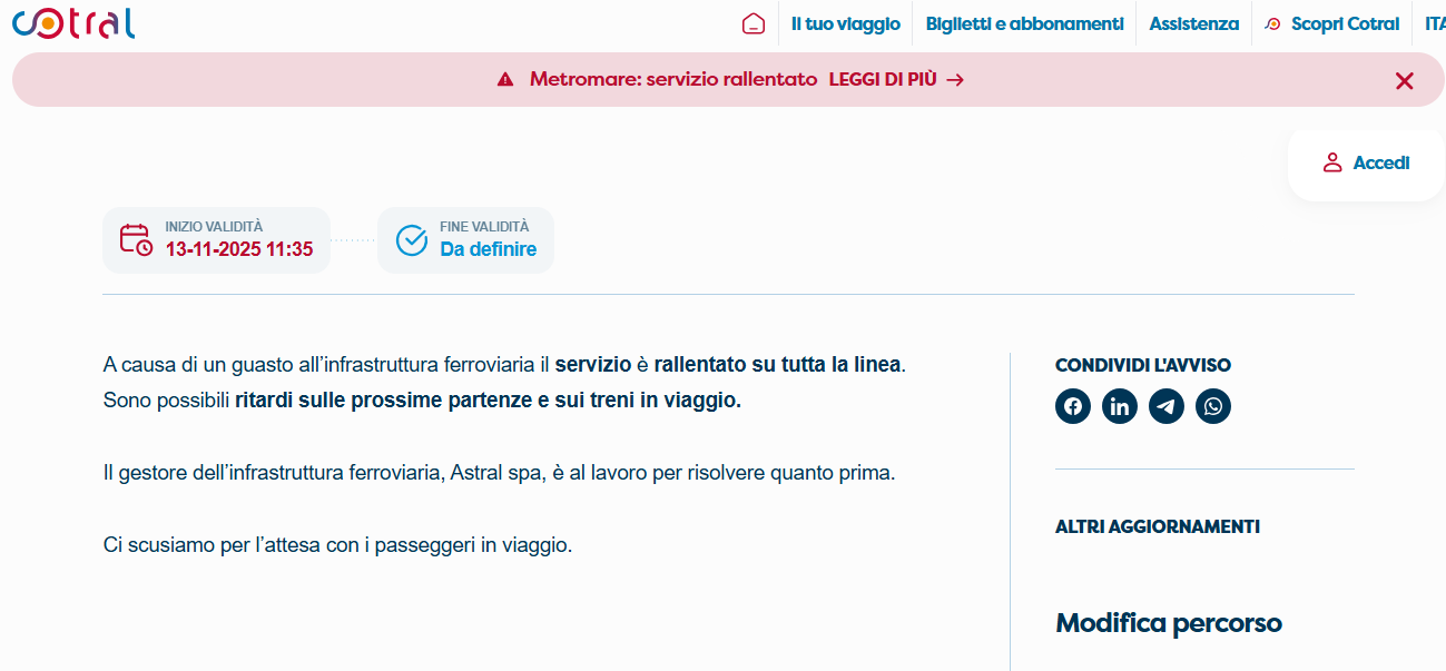 Rallentamenti in corso sulla linea Metromare: guasto infrastrutturale e disagi per i pendolari 1