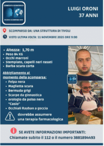 Si cerca il 37enne Luigi Oroni scomparso da una struttura di comunità a Tivoli 1