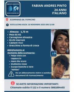Ritrovato Fabian Andres Pinto: era scomparso da Fiumicino 1 Ritrovato Fabian Andres Pinto: era scomparso da Fiumicino 1