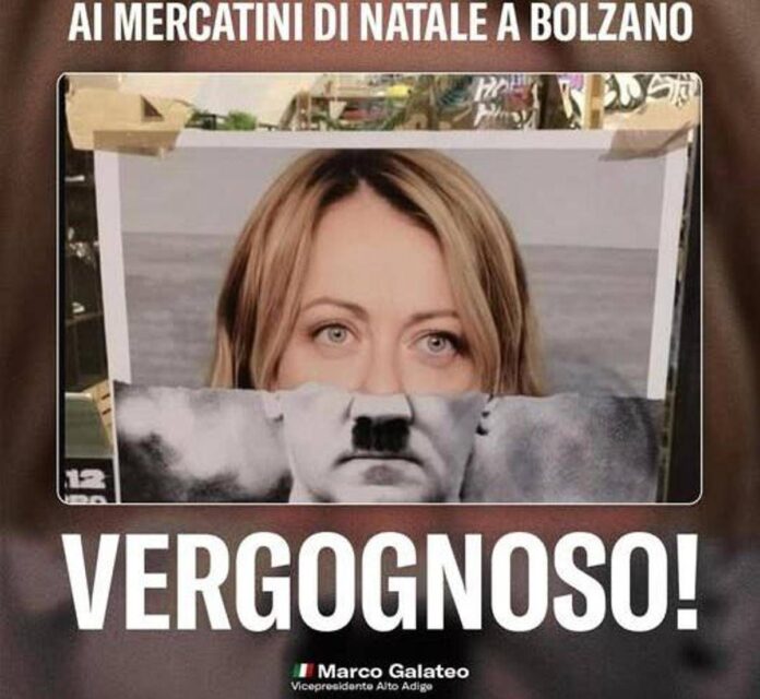 Bolzano, Galateo (FdI): “Fotomontaggio Meloni-Hitler ai mercatini Natale, inaccettabile”