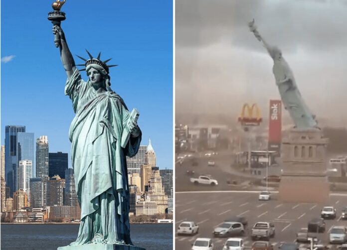 Il vento abbatte la Statua della Libertà (ma non quella di New York): il video