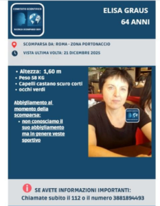 Allarme scomparsi: si cerca Elisa Graus, allontanatasi prima di Natale dall’abitazione di Portonaccio 1 Allarme scomparsi: si cerca Elisa Graus, allontanatasi prima di Natale dall’abitazione di Portonaccio 1