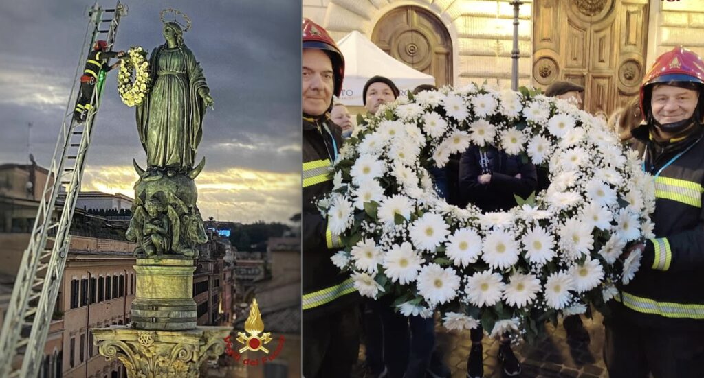 L'omaggio a 27 metri di altezza: i vigili del fuoco rinnovano il rito per la Madonna di Piazza di Spagna (VIDEO) 1 L'omaggio a 27 metri di altezza: i vigili del fuoco rinnovano il rito per la Madonna di Piazza di Spagna (VIDEO) 1