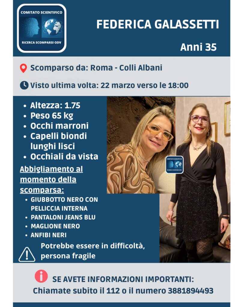 Donna scomparsa a Roma il 22 marzo: giorni di apprensione per Federica Galassetti 1 Donna scomparsa a Roma il 22 marzo: giorni di apprensione per Federica Galassetti 1