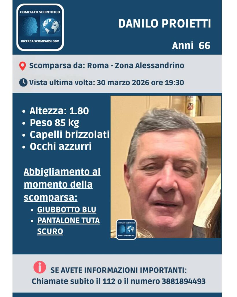Manda un sms alla moglie: “Torno tra mezza ora” e sparisce: scomparso a Roma il 66enne Danilo Proietti 1