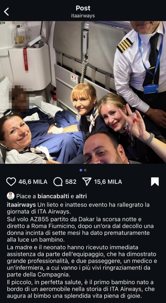 Fiocco azzurro ad alta quota: nasce Mohamed sul volo Dakar-Roma. È il primo parto su Ita Airways 2