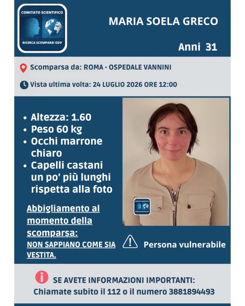 Scomparsa dall'ospedale Vannini Maria Soela: appello urgente e informazioni utili per le ricerche 1
