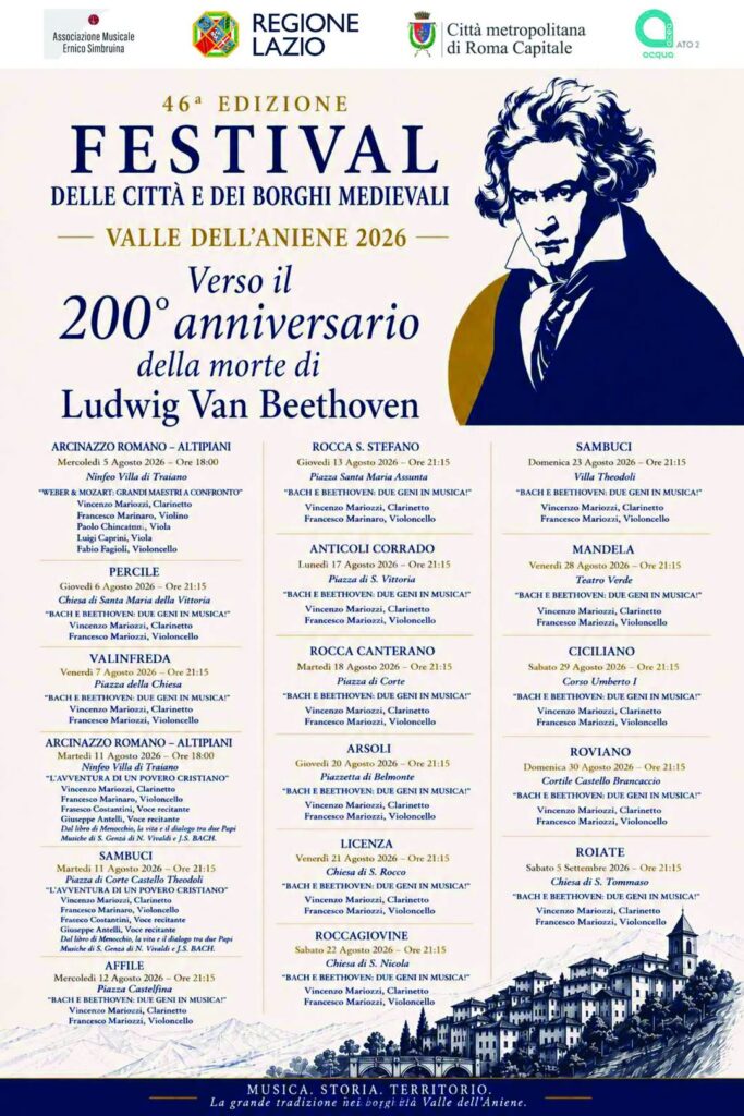 Concerti gratuiti nella Valle dell'Aniene: il programma del Festival dei Borghi Medievali 2026 1 Concerti gratuiti nella Valle dell'Aniene: il programma del Festival dei Borghi Medievali 2026 1
