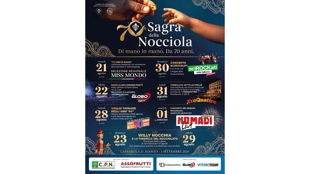 La Sagra della Nocciola di Caprarola compie 70 anni e lo fa in grande stile: il programma completo 2 La Sagra della Nocciola di Caprarola compie 70 anni e lo fa in grande stile: il programma completo 1