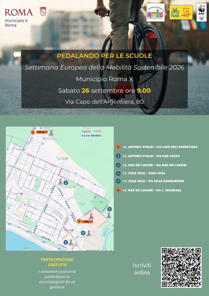 Pedalando per le scuole" arriva a Ostia con un percorso in bicicletta tra sei istituti del quartiere, per mostrare gli interventi sulla sicurezza stradale e presentare il progetto Anello Ciclabile Scolastico