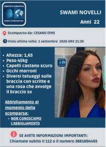 Ricerche in corso per trovare la 22enne Swami Novelli scomparsa giorni fa da Cesano 1 Ricerche in corso per trovare la 22enne Swami Novelli scomparsa giorni fa da Cesano 1
